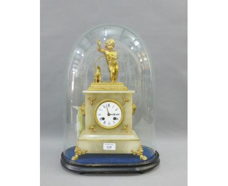 19th century gilt metal and alabaster mantle clock, surmounted with a cherub and dog, on paw feet, with ebonised oval stand a