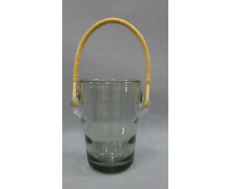 Per Lutken for Holmegaard smoked glass ice bucket with a  wicker handle, 16cm high 