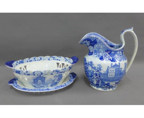 19th century Don Pottery basket and stand in the Ruins of Canna pattern together with a Staffordshire blue and white Lady of 