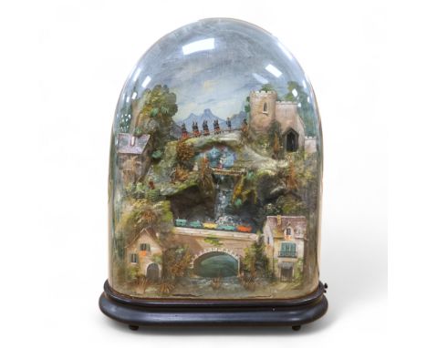 A late 19th century card and mixed media automaton diorama under a glass dome, clockwork movement now missing, 60cm