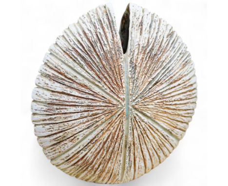 Alan Wallwork (1931-2012), studio pottery textured split oval vase, initialled to the base, 19cm high