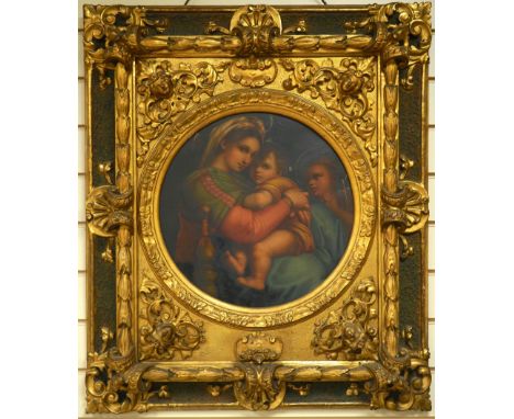 After Raphael (1483-1520), tondo oil on canvas, Madonna and chair, 38cm diameter, housed in ornate gilt frame