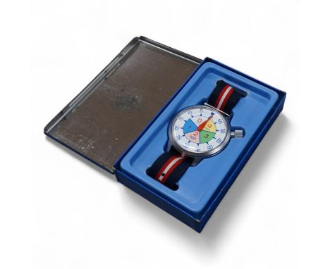 A 1970's steel cased Heuer Yacht Timer wrist stop watch, with polychrome dial, on a fabric strap, case diameter 52mm, with or