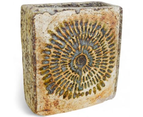 Alan Wallwork (1931-2012), textured studio pottery slab built vase, incised 'W' to the base, 16cm high