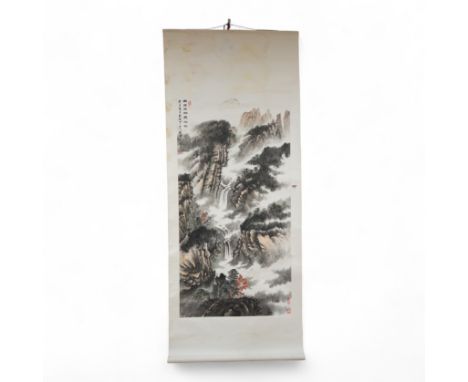 A Chinese scroll, hand painted with a mountainous landscape, 82cm wide