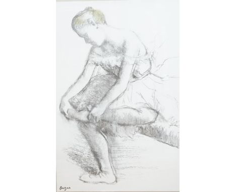 After Edgar Degas (1834-1917), colour lithograph, 'Danseuse assise ajustant son chausson', 86 x 56cm, ornate gilt frame