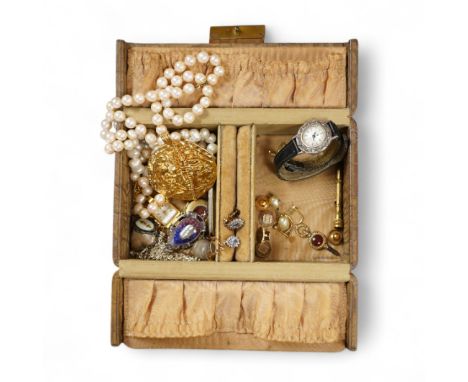 A collection of jewellery, comprising: a pair of sapphire and diamond drop earrings; an Arts &amp; Crafts mother of pearl sil