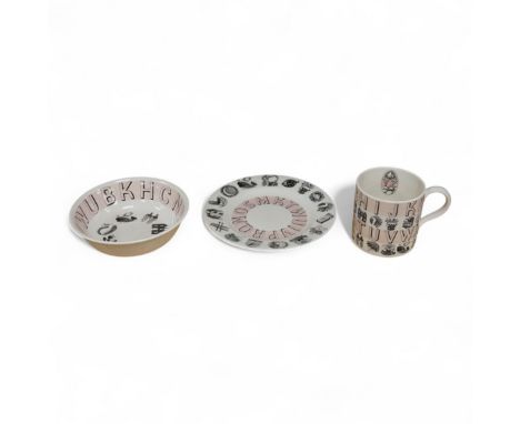 Eric Ravilious for wedgewood "Alphabet" pattern mug, bowl and plate, largest 17.5cm