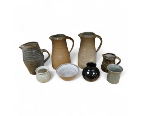 A group of Leach St. Ives pottery jugs and a pot and three other studio items of studio ceramics, some with impressed marks, 