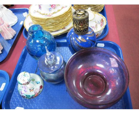 Alum Bay Iridescent Glass Scent Bottle and Stopper, Ashleigh &amp; Burwood fragrance lamp, pink tinted iridescent bowl:- One 