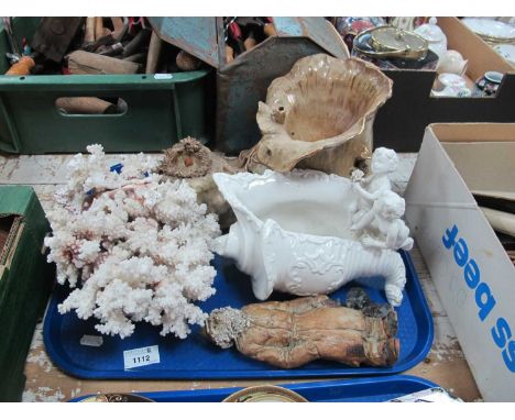 Coral Specimen, pottery boot, stoneware tramp, cherub posy:- One Tray