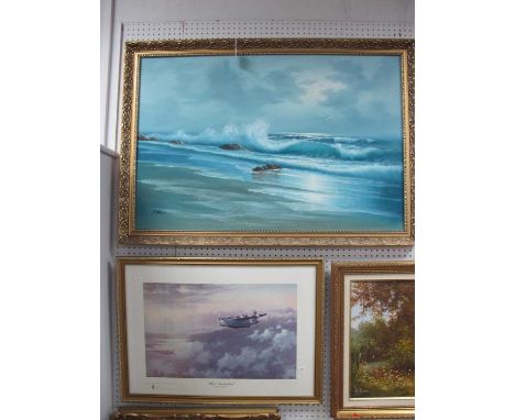 Schubert, Coastal scene with sea crashing on rocks, mid to late XX Century oil on canvas, signed lower left, 60 x 90cm. John 
