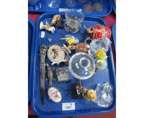 Baccarat Elephant 7.5cm high. Enamelled bird trinket boxes, paperknife, clock, etc:- One Tray.