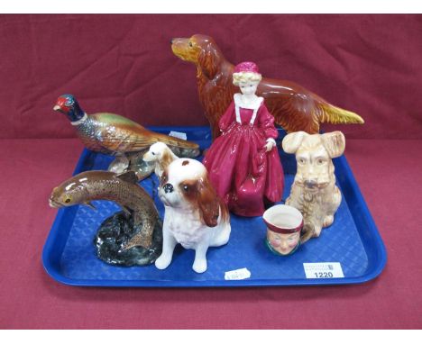 Beswick Trout, impressed No 1390, 10cm high, Sylvac dogs, Royal Worcester figurine 'Grandmothers Dress', KSP Pheasant:- One T