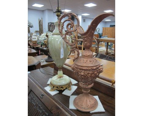 Heavy Onyx Table Lamp, with gilt mounts, metal ewer, 42.5cm hall.