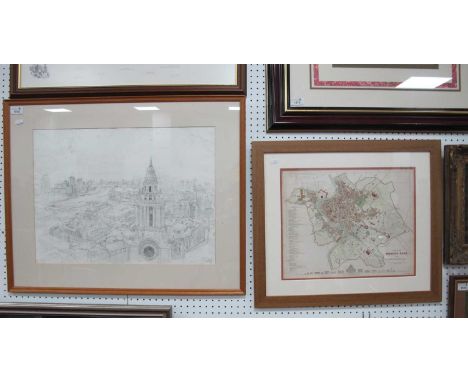 Tim Rose (Sheffield Artist) Westward from St Paul's (London) pencil sketch, signed lower right, 40.5 x 55cm. After W.B. Clark