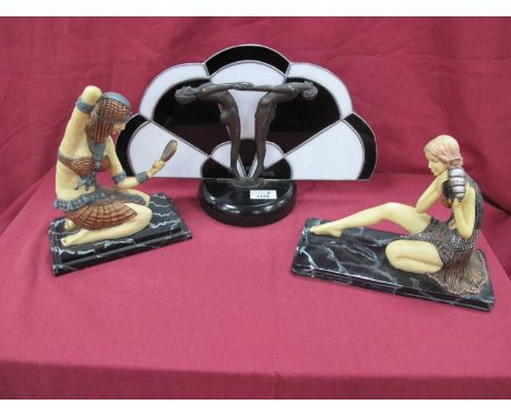 Two Art Deco Inspired Resin Seated Lady Figurines, on rectangular bases, the widest 24.5cm. Similar table lamp (3).