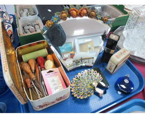 Barbola Freestanding Dressing Mirror, perfumes, enamelled peacock, etc:- One Tray.