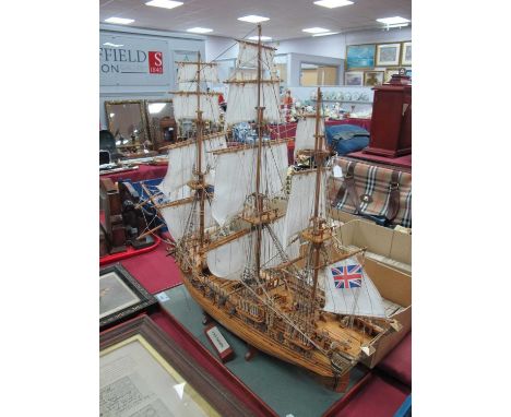Hand Built Scale Model of HMS Pandora, three masted gun ship, approximately 60cm high, 74cm long including stand.