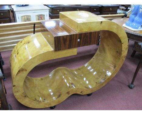Art Deco Birds Eye Maple Side Table, of open cloud form with single drawer, on horizontal tubular legs, 90cm high, 122cm wide