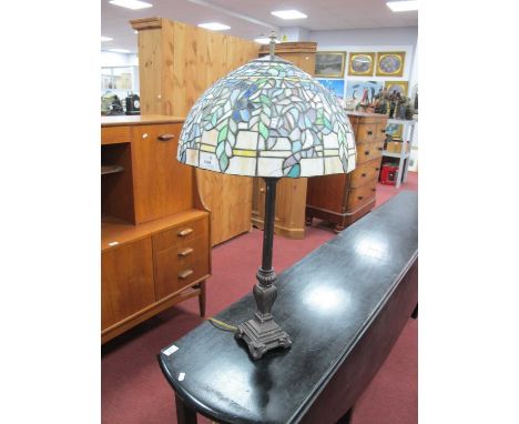 Tiffany Style Table Lamp, with floral shade.Cracks to multiple panels, two panels coming loose