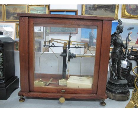 Baird &amp; Tatlock Laboratory Scales, in a display cabinet, bakelite weights.