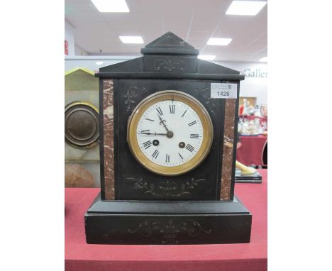 XIX Century Black Slate and Marble Cased Mantle Clock, with black Roman numerals to white enamel dial, 24.5cm wide.