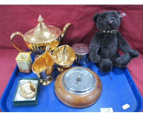 Steiff Black Teddy Bear. Royal Winton "Grimwades" gilt tea service. Anoroid barometer, etc:- One Tray.