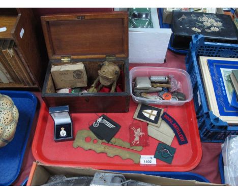 Military Cloth Badges, purse, gold soft toy frog, caddy box, etc:- One Tray.