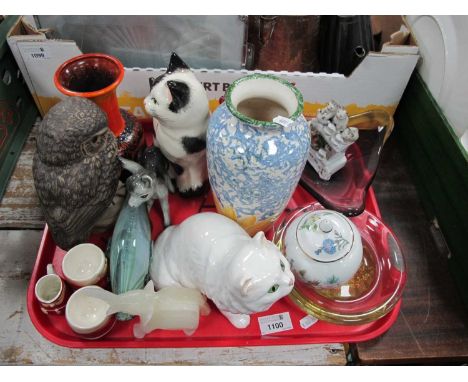 B. Linley - Adams, Poole pottery owl, Sylvac pottery cat, glass fish, etc:- One Tray.