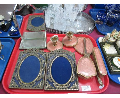 Pair of XX Century Brass Scrollwork Photo Frames, with oval aperture, an early XX Century mirrored wall hanging shelf, dressi