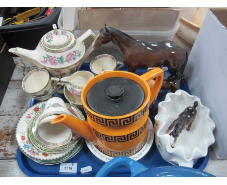 Minton 'Haddon Hall' Bowl, Portmeirion 'Greek Key' teapot, Myott 'Indian Tree' coffee set, two Beswick horses (both damaged),