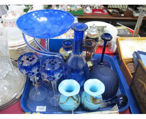 Mottled Blue Glass Modern Tazza, Bohemian glass vases, overlaid blue glass decanter and stopper and matching hock glasses etc