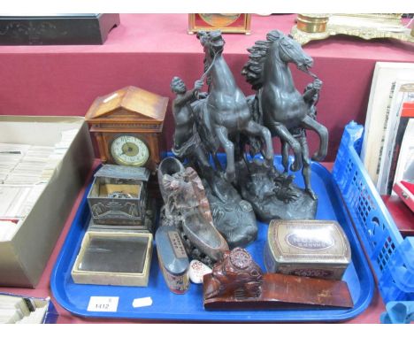 Pair Spelter Marley Horses 28cm high, soapstone posy vase, mantle clock, Oxo zoo house tin etc:- One Tray