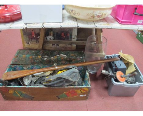 Tools, books, measuremeter, box, large glass vase, etc.