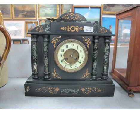 XIX Century Black Slate and Marble Cased Mantle clock of architectural form L.P Japy 1878 to back plate of eight-day movement