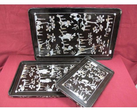 Late XIX Century Black Lacquer Tray, with mother of pearl inlay, figures etc, 29.5 cm wide, together with two other black lac