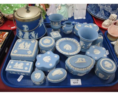 Wedgwood Jasperware Biscuit Barrel, with plated lid and a collection of assorted trinkets:- One Tray.