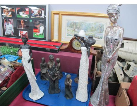 Soul Journeys, Maasai and other resin figures, African themed (8):- One Tray. A large silvered example 59cm high.