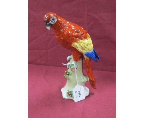 Sitzendorf Red Parrot Upon Tree Stump Figurine, 23cm high blue 'S' stamp under crownSmall chip to two claws