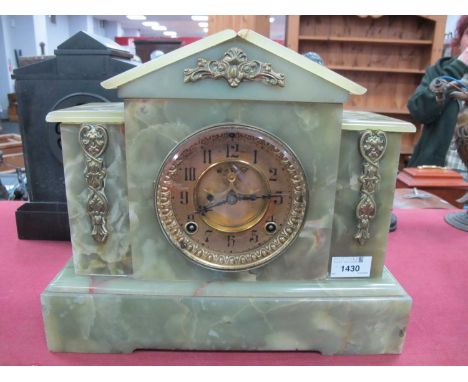 Ansonia Mantle Clock, eight-day movement in green onyx architectural case, 34cm wide.