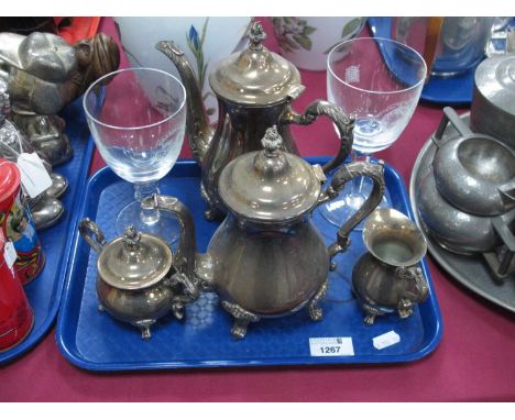 Plated Four Piece Tea Service, Orrefors Margaret Thatcher and green line goblets.