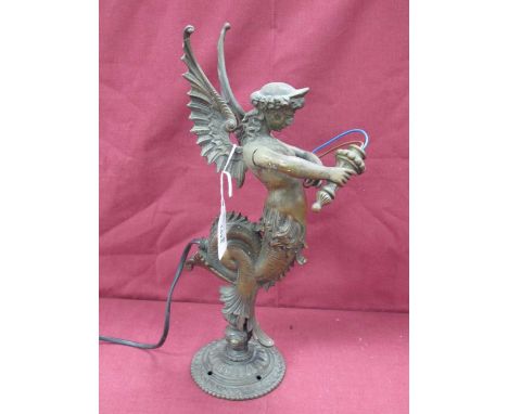Winged Siren Figural Bronzed Lamp, on circular base, 36cm high.