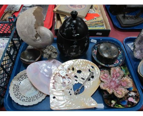 Mother of Pearl Pierced Decorative dishes, cornucopia shell, mother of pearl inlaid laquer bowl, enamel dishes, etc:- One Tra