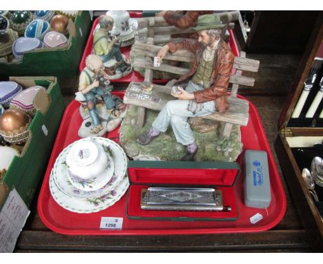 Capodimonte 'IL Solitario' Figure, 24.5cm high, another smaller. Royal Albert trio, two Hohner harmonicas:- One Tray
