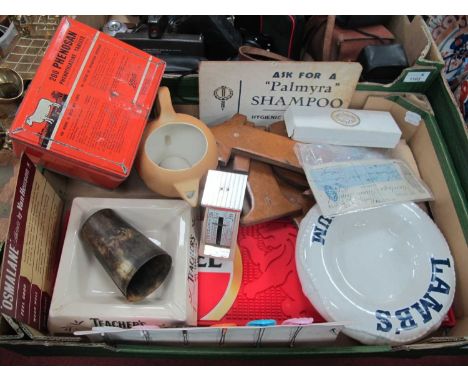 Two Advertising Ashtrays, 'Palmyra' and 'Osmaline' card signs, tin, horn beaker, petite scale etc:- One Box.