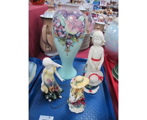Old Tupton Vase, 26.5cm high, plus three figurines:- One Tray.