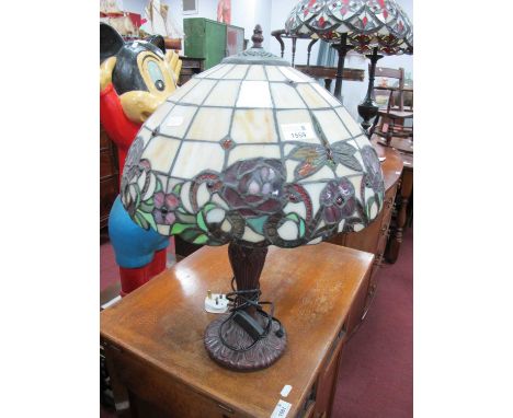 Tiffany Style Table Lamp, with twin branches and dragonfly themed shade.One glass panel with crack only visible from inside, 