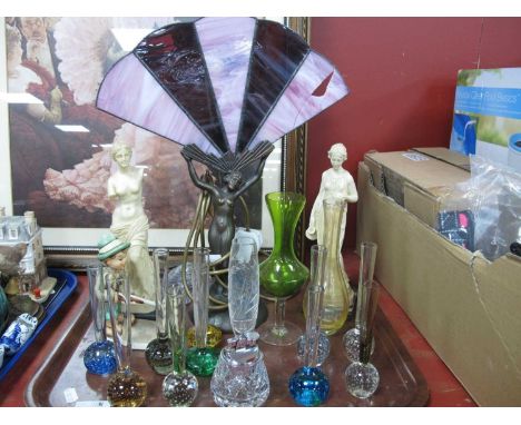 Art Deco Style Table Lamp, resin figures, bud vases, table lighter:- One Tray.
