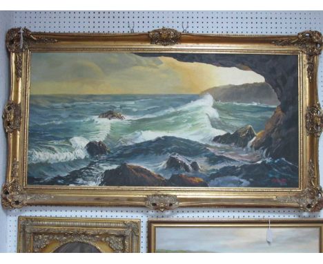 M &amp; J Barton Choppy Coastal Seascape, oil on canvas, 50 x 101cm, signed lower right.